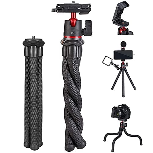 HIFFIN MT-11 Camera Tripod, Mini Flexible Tripod Stand with Hidden Phone Holder w Cold Shoe Mount, 1/4'' Screw for Magic Arm, Universal for iPhone 11 Pro Max XS Max X 8 7 Samsung Can on