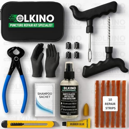 OLKINO 12-in-1 Tubeless Tyre Puncture Repair Kit for Cars & Bikes | Heavy-Duty T-Handle Tools & 10 High-Grip Repair Strips | with Plier, Solution, Cutter, Gloves (with Storage Bag)