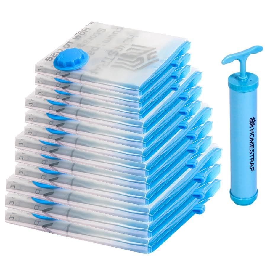 Homestrap Pack of 12 Vacuum Storage Bags with Pump (3 XL, 3 Large,3 Medium,3 Small)| Airtight and Reusable Space Saver Double Ziplock Bags with Vacuum Pump|Creates 4X More Space for Clothes/Blankets